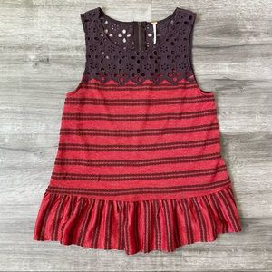 Free People Boho Red Striped Sleeveless Floral Eyelet Top Small